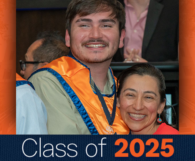 Ricardo Ayala, a cybersecurity major with a minor in political science, is pictured with Sidury Christansen, associate professor of applied linguistics and faculty sponsor of Ballet Folklórico de UTSA.